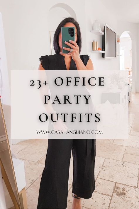 Not sure what to wear to an office party? Here are 25 holiday party outfits you're going to love. Office Parties Outfit, Business Cocktail Hour Outfit, Smart Casual Dress Party, Party Smart Casual, Semi Formal Ideas For Women, Work Party Dress Classy, Casual Formal Party Outfit, Business Dinner Attire For Women, Smart Casual Cocktail Outfit