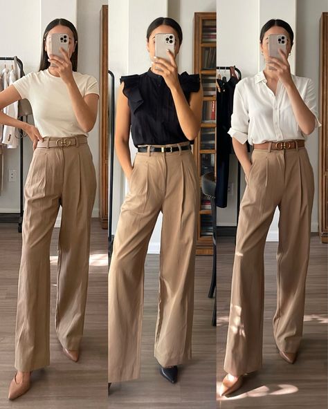 High Waisted Cream Pants Outfit, Tan Dress Pants Women, Tan Tapered Pants Outfit, Casual Work Outfits Beige Pants, Beige Pant Work Outfits, Beige Dressy Pants Outfit, Womens Cream Pants, High Waisted Straight Leg Pants Outfit, How To Style Wide Leg Khaki Pants