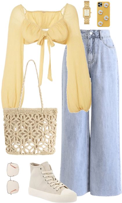 yellow blue Outfit | ShopLook Yellow And Jeans Outfit, Blue White Yellow Outfit, Yellow Female Outfit, Pale Yellow Jeans Outfit, Simple But Pretty Outfits, Pastel Yellow And Blue Outfit, Pastel Blue And Yellow Outfit, Light Blue And Yellow Outfit, Light Yellow Outfit Aesthetic