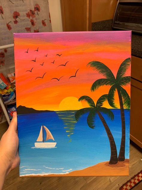Simple acrylic painting of palm trees on a beach with waves coming in, a sailboat on the water at sunset with birds taking flight and mountains off on the horizon Acrylic Painting Canvas Easy Ideas, Sunset With Palm Trees Painting, Sunset In Water Painting, Painting Of Sunset On Beach, Sunset Pictures Painting, Sunset At Beach Painting, Easy Sunset Beach Painting, Sunset Painting Easy Beach, Beach With Mountains Painting