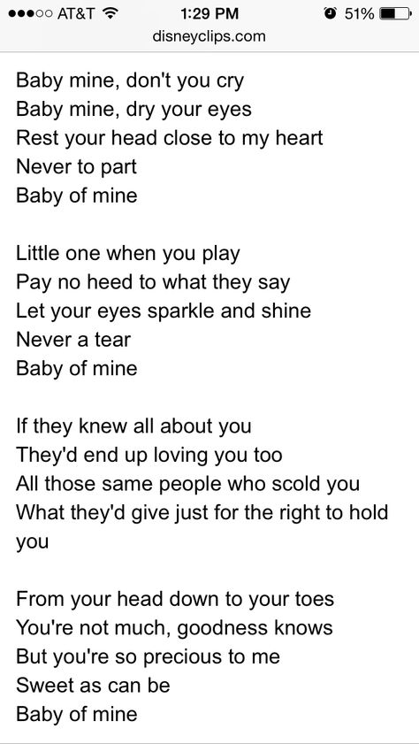 Lullabies To Sing To Baby, Baby Mine Tattoo, Disney Lullabies, Baby Boy Quotes From Mom, Baby Songs Lyrics, Childhood Songs, Disney Song Lyrics, Lullaby Lyrics, Disney Lyrics