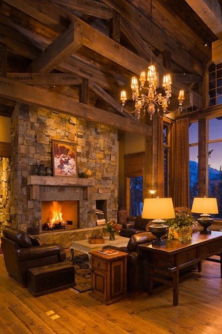 ABSOLUTELY GORGEOUS Log Cabin Homes, Design Camino, Fireplace Design Ideas, Rustic Living Room Design, Cabin Fireplace, Log Cabin Living, Cabin Interiors, Cabin Living, Home Fireplace