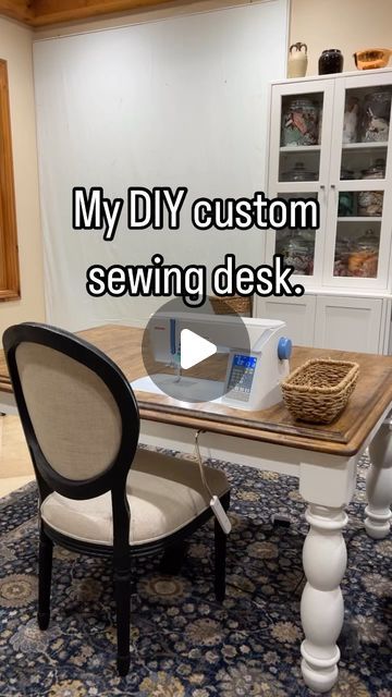 Andrea on Instagram: "#igquiltfest2024day3 - I love my DIY sewing desk for my @janomeamerica It was a friend’s dining table she was getting rid of and I asked if I could buy it. She said have it for free! We traced the sewing machine on top and then used a jigsaw to cut it out. My FIL helped with this DIY (I had already made a smaller drop in desk for my first machine).   After sanding the table, I stained and sealed the top. I also painted the bottom white. We drilled a hole for my knee lifter and notched the side for the power cord and power switch.   The table is 42”x60” and is large enough to support a quilt for my domestic quilting. We hadn’t set it up here in NC but that is happening this week😍😍😍. Stay tuned to find out where😏😏😏." Sewing Desk Diy, Sewing Machine Table Ideas, Sewing Machine Desk, Sewing Craft Table, Sewing Machine Table Diy, Old Kitchen Tables, Diy Sewing Table, Sewing Desk, Sewing Room Inspiration