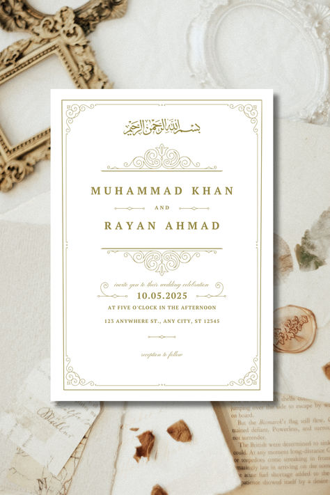 A white and Gold digital islamic wedding invitation. it is regal and vintage looking, it is elegant and sophisticated. it is a digital invitation completely customizable. Nikkah Invitation Cards, Islamic Engagement, Muslim Wedding Card, Simple Wedding Invitation Card, Wedding Nikkah, Muslim Wedding Cards, Muslim Wedding Invitations, Regal Elegance, Islamic Wedding