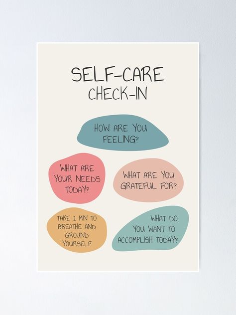 "Self Care Check In Self Love Mental Health Wellbeing Therapist Office School Counselor Corner Wellness Art Therapy Tool Emotional Intelligence Self Awareness" Poster by TherapyTools | Redbubble Social Work Self Care, Mental Wellbeing Poster, Mental Awarness Poster Ideas, Wellbeing Poster Design, Wellness Corner Ideas, Well Being Room School, Wellbeing Room Office, Wellbeing Room School, Self Care Check In