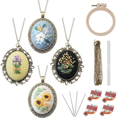 PRICES MAY VARY. 【Beginner-friendly Kit】——A complete kit for crafting mini embroidery pendants. It comes with 4 patterned embroidery cloths, 4 pendants with necklaces, 4 sets of embroidery floss (9 colors per set), 4 embroidery needles, 1 hoop and 1 hot glue stick. Walk you through all of the basic stitches and end up with an exquisite embroidery project that deserves to be displayed. 【Step-by-step Instructions】——Detailed instructions with diagrams included! With the tutorials, you are under a c Tela, Funny Hand Embroidery, Embroidery Pendants, Embroidery Pendant, Sewing Jewelry, Embroidery Ornaments, Hoop Necklace, Necklace Kit, Mini Embroidery