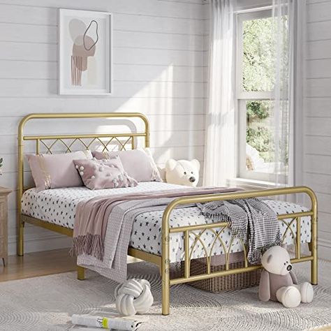 Gold Twin Bed Frame, Gold Metal Twin Bed, Bedroom With Gold Bed Frame, Teen Girl Room Twin Bed, Gold Metal Frame Bed, Cute Bedframes Aesthetic, Gold Iron Bed Frame, Gold Twin Bed, Cute Bed Frames