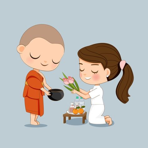 Cute girl in white dress offering the fo... | Premium Vector #Freepik #vector #food #man #girl #character Monk Cartoon, Agama Buddha, Holding Sign, Lord Buddha Wallpapers, Khmer New Year, Buddha Artwork, Baby Buddha, Little Buddha, A Monk