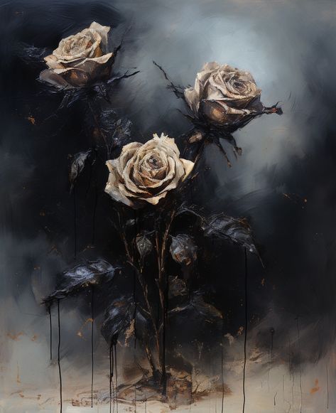 An oil painting of white roses. Victorian Gothic style. Creepy Old Paintings, Dark Wall Art Painting, Vintage Horror Drawing, Black And White Gothic Art, Goth Flowers Painting, Drawing Ideas Gothic Art, Dark Wall Murals Painted, Gothic Wall Art Prints, Dark Rose Painting