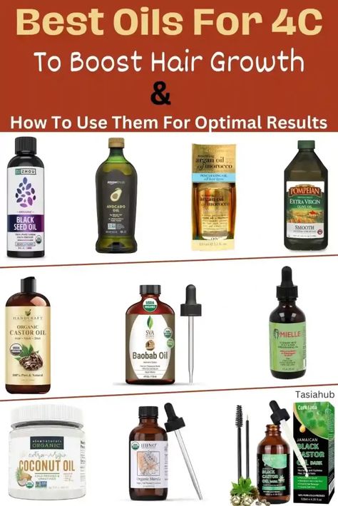 Discover the ultimate guide to the best oils for 4C hair! Explore nourishing and revitalizing oils that promote growth, moisture, and overall hair health. Elevate Best Oils For Natural Black Hair, Best Oil For 4c Natural Hair, 4c Hair Care Tips, Oils For 4c Hair Growth, Hair Growth Oils For Black Hair, How To Grow 4c Hair, 4c Hair Growth Tips, Dry 4c Hair, Hair Growth Tips For Black Women