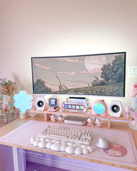 Happy Saturday!🌱 Just running some errands and buying some decor today. I also got this perfect matcha green wallpaper from @viktojadesigns to add that extra warmth that my setup needed💚 Take care and have a good weekend🫶🏻 🌿 desk setup | gaming setup | desk setup ideas 🏷️ #setupinspiration #deskgram #kawaiiaesthetic #cozydesksetup #cozygamer #cozyaesthetic #deskgoals #desksituation Gaming Computer Desk Setup Aesthetic, Cute Gaming Setup Aesthetic, Gaming Setup Yellow, Two Computer Desk Setup, Cute Desktop Setup, Drawing Tablet Desk Setup, Streamer Office, Cute Computer Setup, Stream Setup Aesthetic