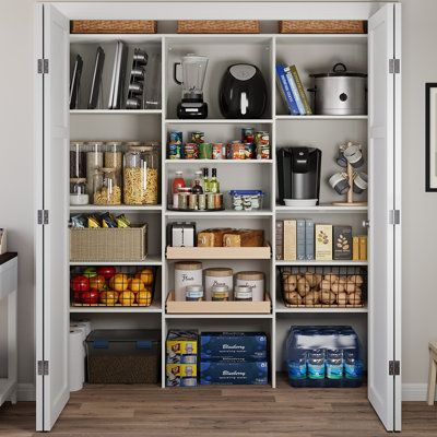 Revamp your kitchen storage with this reach-in pantry organization system, designed to bring both convenience and style to your space. Crafted from scratch-resistant engineered wood, this system offers long-lasting functionality and easy maintenance. It includes tray dividers, two maple drawers, and adjustable shelves that can be cut to fit your pantry dimensions, ensuring a personalized and clutter-free storage solution. Plus, it measures a little over 78" tall and 74" wide, so it's sure to giv Organisation, Kitchen Closet Pantry Design, 6 Ft Wide Pantry, Ikea Pantry Closet, Kitchen Pantry Closet Shelving Ideas, Food Closet Organization, Adjustable Shelving Pantry, Small Pantry Shelf Ideas, Deep Pantry Solutions