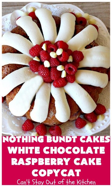 Bundt Cake Recipes White Chocolate Raspberry, Everything Bundt Cake Recipes, Bundt Cake Recipes Nothing Bundt Cakes, Copycat Bundtinis, White Chocolate Raspberry Cake Bundt, Mini Nothing Bundt Cakes Recipe, Cream Cheese Frosting Flowers, Red Velvet Raspberry Cake, Nothing Bundt Cakes Recipe Copycat Strawberry