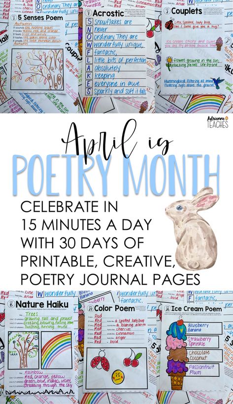 3rd grade National Poetry Month poetry journal for kids 5th Grade Poetry, Poetry Portfolio, Poetry Month Activities, Elementary Poetry, Poetry Anchor Chart, Poetry Lesson Plans, Month Journal, Poem Activities, Poetry Projects