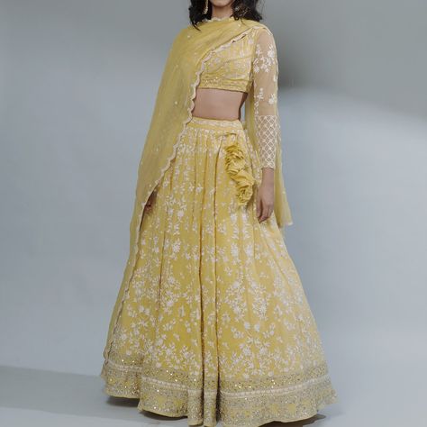 Lemon Yellow Thread Work Lehenga Set | asthanarang Lemon Yellow Dress Indian, Lemon Yellow Lehenga, Thread Work Lehenga, Astha Narang, Brother Wedding, Haldi Dress, Haldi Outfits, Indian Wedding Lehenga, Yellow Lehenga