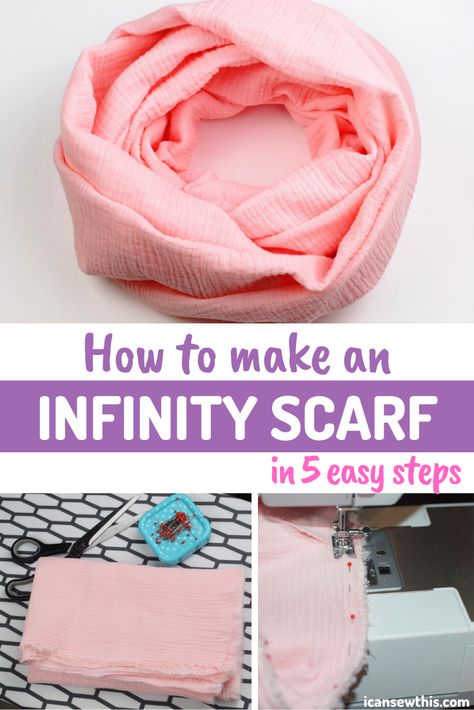 DIY infinity scarf tutorial. This is so easy and fun – a great DIY project for someone who is learning how to sew. In as little as 10 minutes, you can make your own infinity scarf from scratch.How much fabric do you need to make an infinity scarf? How long and wide should a scarf be? And what fabric to use for a DIY infinity scarf? Check out this free sewing tutorial for beginners to learn how to make an infinity scarf with just 5 easy steps. Infinity Scarf Patterns Sewing, Patchwork, Couture, Infinity Scarf Sewing Pattern, How To Sew An Infinity Scarf, Infinity Scarf Sewing Pattern Free, How To Sew A Scarf Easy Diy, How To Make A Scarf Out Of Fabric, Fabric Scarf Pattern
