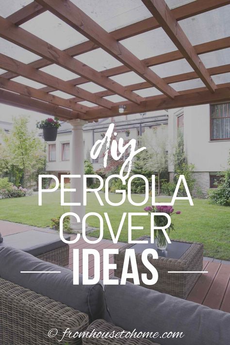 These pergola cover ideas include roof panels, canopies and plants which can all provide shade for your patio or deck. A great addition to your landscaping structures. #fromhousetohome   #decks #patios #gardenstructures #gardening #gardeningideas White Pergola With Bamboo Roof, Trellis Pergola Ideas, Pergola With Closable Roof, Detached Patio Ideas Backyards, Garden Pergola Ideas With Roof, Pergola Off Of House, Large Covered Patio Ideas, Pergola Cover Ideas, Pergola Patio Attached To House