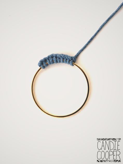 Macrame around a ring Crocheting Around A Ring, How To Wrap A Macrame Ring, How To Wrap A Hoop Macrame, How To Cover A Ring With Macrame, Macrame Metal Ring, How To Macrame Around A Hoop, Macrame Around A Hoop, Metal Ring Macrame Diy, Macrame On Ring