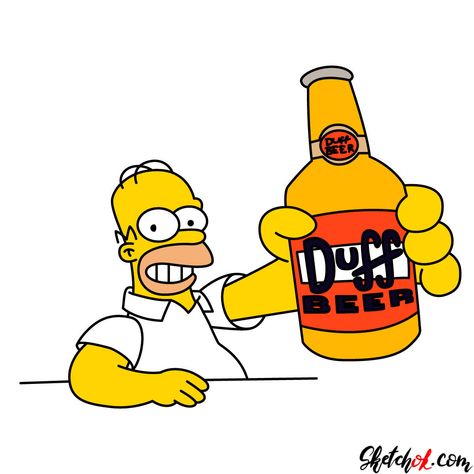 How to draw Homer with a Duff beer bottle - Step by step drawing tutorials Beer Bottle Drawing, Homer Simpson Beer, Beer Drawing, Beer Cartoon, Beer Wallpaper, Beer Painting, Beer Pong Table Painted, Simpsons Tattoo, Duff Beer