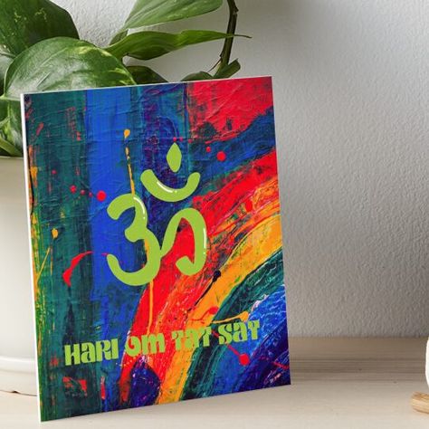 Professionally printed on firm, textured mat boards perfect for desks and shelves. Supplied with 3M velcro dots to easily affix to walls. Available in standard sizes. Colorful print with Hari Om Tat Sat, a mantra which is often used as a greeting. The mantra has many possible meanings, one of which is that it refers to unity and truth found in the divine sound 'om'. Hari Om Tat Sat, Om Tat Sat, Hari Om, Velcro Dots, Mat Board, The Divine, Mantra, Watercolor Paper, Colorful Art