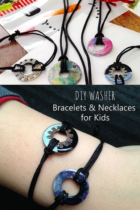 Crafts For Kids To Make And Sell, Washer Necklace Tutorial, Washer Necklace Diy, Diy Washer Necklace, Washer Crafts, Alcohol Ink Jewelry, Primary Activity, Washer Bracelet, Christmas Jewelry Diy