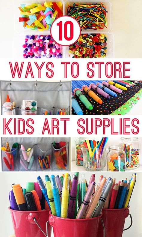 10 useful storage ideas perfect for organising kid's art and craft materials. Toddler Art Cart, Kids Art Area, Kids Art Station, Kids Art Storage, Kids Craft Storage, Preschool Steam, Kids Crafts Organization, Kids Art Space, Ikea Hack Kids