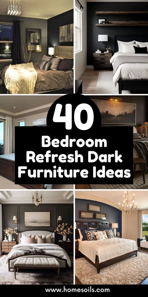 Transform your bedroom with 40 dark furniture ideas that exude sophistication and style. From Modern Palm Springs to Eclectic Vintage Hideaways, discover how to create a serene and elegant retreat with dark wood, metal frames, and moody textiles. Elevate your space today! #BedroomDecor #DarkFurniture #HomeDesign Dark Walls With Dark Furniture, Black Bed With Accent Wall, Black Wood Beds, Bedroom Inspiration Dark Furniture, Dark Guest Bedroom Ideas, Dark Dressers Bedroom, Cream Walls Dark Furniture, Bedroom Makeover With Dark Furniture, Bedroom Inspirations Master Cozy Dark Furniture