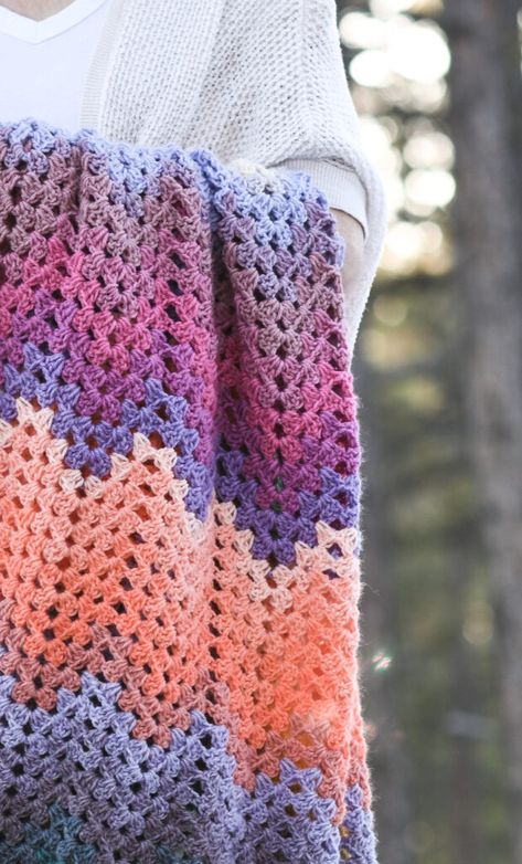 Sundance Granny Ripple Stitch Blanket Granny Stitch Ripple Afghan, Ripple Granny Square Crochet Pattern, Granny Ripple Stitch, Sunrise Crochet Blanket, Granny Ripple Blanket, Ombre Blanket Crochet Pattern, Caron Cotton Ripple Cakes Patterns Crochet, Crochet For Variegated Yarn, Mandala Yarn Blanket Patterns