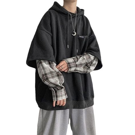 Patchwork, Streetwear Oversized Hoodie, Guy In Oversized Hoodie, Oversized Hoodie Men Aesthetic, Fake Two Piece Hoodie, Comfort Clothes Aesthetic, Wearing A Hoodie Reference, Mens Oversized Hoodie, Casual Oversized Outfits Men
