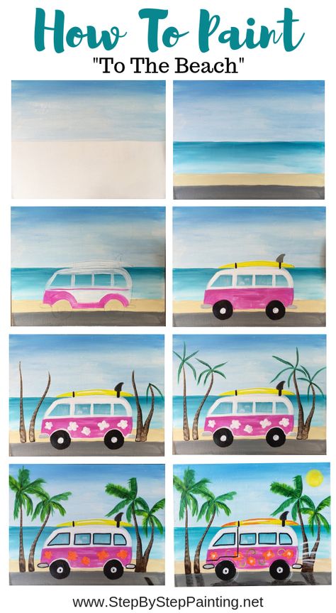 Step By Step Painting Beach, Painting Ideas Tutorials Step By Step, How To Paint Tutorials Step By Step, Paint Nite Step By Step, Pictures To Paint On Canvas Simple, Fun Simple Paintings, How To Paint Canvas Step By Step, Summer Painting For Kids, How To Draw A Beach