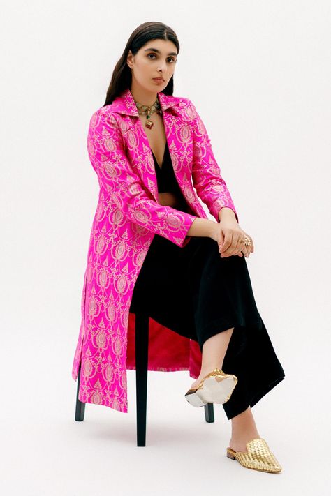 Shop for Sobariko Fuchsia Banarasi Brocade Jacket for Women Online at Aza Fashions Banarasi Jacket Suit, Brocade Jacket Outfit, Banarasi Coord Set, Brocade Jackets Women, Long Brocade Jacket, Banarasi Jacket, Banarasi Suit Designs Latest, Floral Lapel, Jacket Lehenga