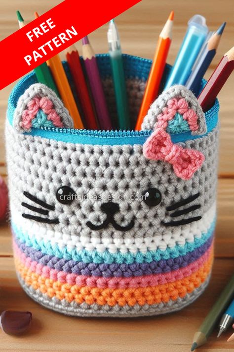 Create a fun and functional crochet cat pencil holder with our detailed pattern. Perfect for organizing your desk and adding a touch of charm. Start crafting today! Amigurumi Patterns, Crochet Pencil Case Free Pattern, Cat Pencil Holder, Pencil Crochet, Functional Crochet, Crochet Pencil Case, Crochet Pencil, Crochet Organizer, Fun Crochet