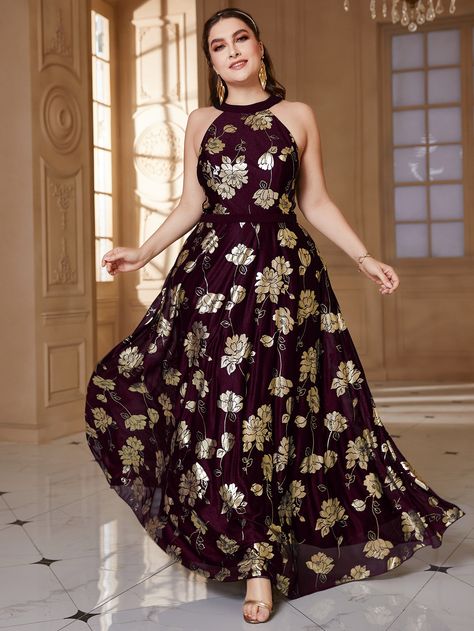 Burgundy Party Collar Sleeveless Fabric Floral,All Over Print A Line Embellished Slight Stretch All Plus Size Dresses Gold Dress Formal, Gold Plus Size Dresses, Black Plus Size Dress, Maxi Halter Dress, Vestidos Halter, Preppy Prom, Coachella Dress, Business Formal Dress, Vestidos Plus Size