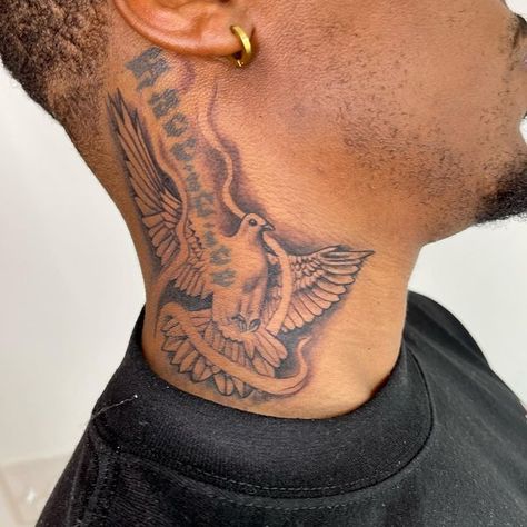 Mens Tatoos Ideas Neck, Simple Men Neck Tattoo, Stud Neck Tattoo, Small Side Neck Tattoo For Guys, Red And Black Tattoos Men, Long Live Tattoo For Men Neck, Half Neck Tattoo Men, Rip Tattoos For Men Neck, Dove Tattoo On Neck