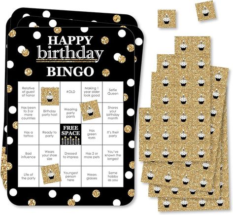 Amazon.com: Big Dot of Happiness Adult Happy Birthday - Gold - Find The Guest Bingo Cards and Markers - Birthday Party Bingo Game - Happy Birthday Bingo - Set of 18 : Toys & Games Easy Birthday Party Games, Happy Birthday Games, Find The Guest Bingo, Guest Bingo, Easy Party Games, Bingo Party, Find The Guest, Simple Birthday Party, Birthday Gold