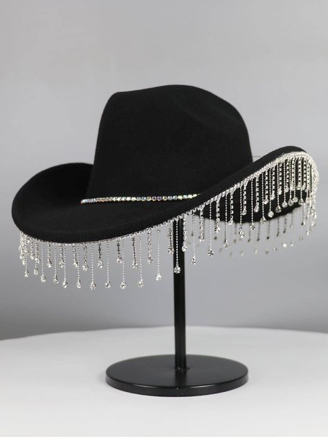 Embellished Cowboy Hat, Cowboy Hats Women, Women Fedora Hat, Black Cowgirl, Ball Wedding, Denim And Diamonds, Rhinestone Fringe, Modern Womens Fashion, Looks Country