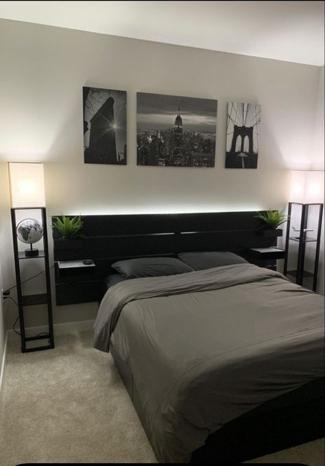 [CommissionsEarned] Floor Lamp With Shelves Along With Charging Station. Great For Nightstand Next To Bed! #bedonfloorideasmen Apartment Decorating For Men Living Rooms, Luxury Black Bedroom, Men Room Ideas Bedrooms, Bedroom Inspirations For Small Rooms, Room Ideas For Men Bedroom, Mens Bedroom Decor, Dark Bedroom Furniture, Modern Appartement, Black Bedroom Design