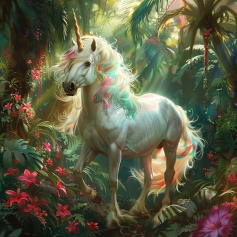 Step into the enchanting world of the tropical unicorn, a creature of unparalleled beauty with iridescent hair that shimmers in every color of the rainbow. Nestled in the heart of a lush, vibrant jungle, this unicorn embodies the magic and wonder of its tropical home. Pin this image and let your imagination wander through the tropical paradise! #TropicalUnicorn #MagicalCreatures #IridescentBeauty #FantasyWorld Nature, People In Nature, Unicorn Artwork, Majestic Unicorn, Cartoon Trees, Equine Portraits, Wolf Artwork, Unicorn Pictures, Unicorn Illustration