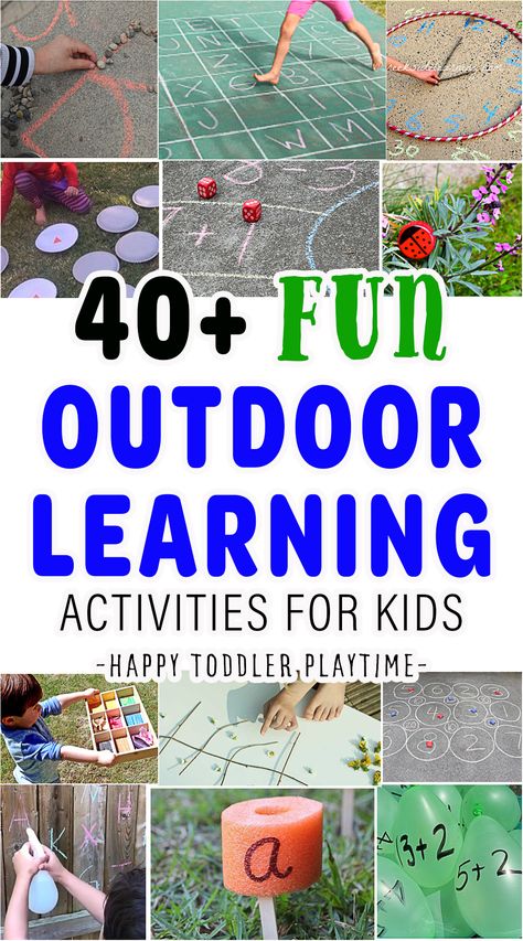 40+ Awesome Outdoor Learning Activities for Kids - HAPPY TODDLER PLAYTIME Outdoor Play Kindergarten Ideas, Outdoor Activities For Prek, Outdoor Play For Kindergarten, Preschool Activities Outdoor Play Ideas, Structured Outdoor Play Activities, Outdoor Spelling Activities, Outdoor Art Kindergarten, Outdoor Literacy Activities Preschool, Easy Outdoor Activities For Preschoolers