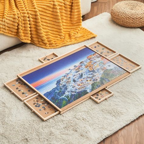 Puzzle Design Ideas, Puzzle Storage, Puzzle Table, Sliding Drawers, Wooden Jigsaw Puzzles, Wooden Jigsaw, Puzzle Board, Puzzle Art, Drawer Slides