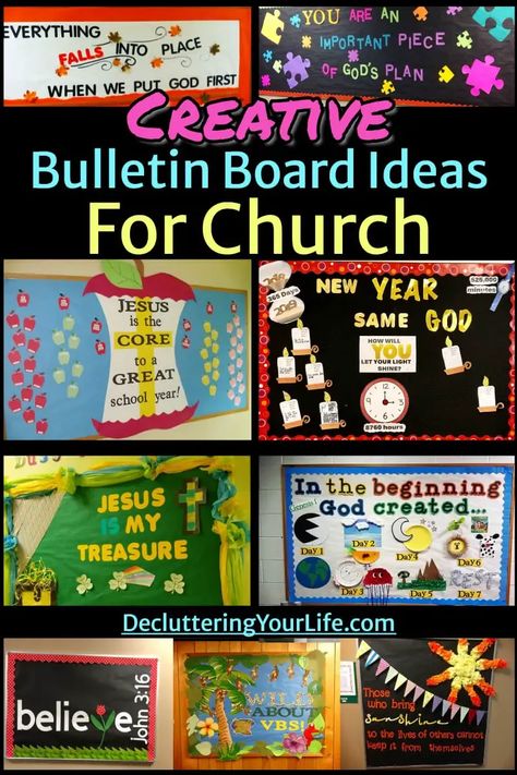 9 different creative church bulletin board ideas for Sunday School and church classrooms with religious Christian sayings - Everything Falls Into Place When We Put God First with handmade Fall theme decorations, Wild About VBS jungle theme, Jesus is the Core to a Great School year with apple bulletin board decorations, etc Church Family Bulletin Board, Gods Creation Bulletin Board Ideas, Faith Formation Bulletin Boards, Prayer Bulletin Board Ideas, Kids Church Bulletin Boards, Preschool Sunday School Classroom Decor, March Church Bulletin Board Ideas, Lent Bulletin Board Ideas Catholic, Christian Classroom Door