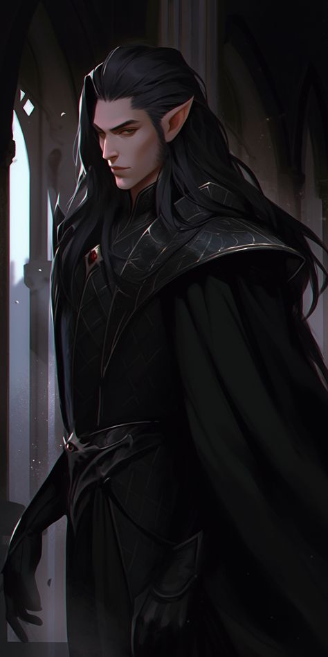 Black Haired Fae Male, Long Hair Elf Male, Elven City Concept Art, Black Hair Elf Male, Male Elf Black Hair, Black Haired Elf Male, Long Black Hair Male Character Art, Dhampir Male Art, Dark Fae Male