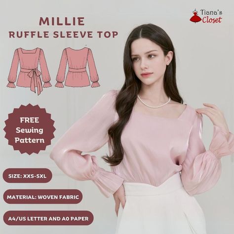 Millie square neck ruffle sleeve – Free PDF sewing pattern – Tiana's Closet Couture, Molde, Paper To Print, Puffed Sleeve Top, Make A Tie, Free Pdf Sewing Patterns, How To Fold Sleeves, Peter Pan Collar Blouse, Sewing Elastic