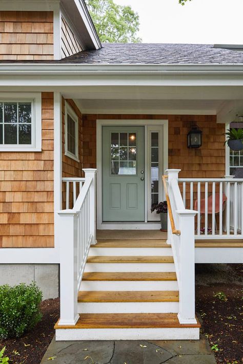 Coastal Exterior | Front Porch Ideas | Front Door with Sidelight | Red Cedar Shingles Front Door With Sidelight, Shingle House Exterior, Cedar Shake House, Cedar Siding Exterior, Door With Sidelight, Cedar Shingle Siding, Cedar Shake Siding, Siding Ideas, Coastal Exterior