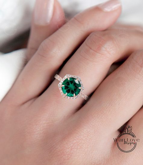 Round shape Emerald engagement ring unique rose gold diamond halo ring vintage milgrain prong set ring anniversary promise bridal ring This Ring will be created with your Center gem size of choice. Customize both the center gem size & accent gems to create your own unique look. The ultimate accessory for any Big Day or everyday wear!! Makes the perfect gift for that special someone in your life. Sure to be treasured for a lifetime! Looking for something in particular/custom? Please ask for details & pricing. **Shown with the 8mm size for Examples ENGRAVING✦ Free for Orders $500+. Includes 12 Characters including spaces. Other options available. Ask for Pricing ~Ring Details~Metal Options-Solid 10k, 14k, 18k & PlatinumGold Color Choices-White, Yellow or RoseRing Sizes-3-8.75, including 1/4 Halo Emerald Engagement Ring, Hexagon Halo, Art Deco Rose, Engagement Ring Round Cut, Cushion Halo Engagement Ring, Deco Rose, Cushion Halo, Engagement Ring Round, Bezel Set Ring