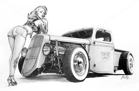 Pin Up Zeichnungen, Auto Illustration, Hot Rod Tattoo, Carros Lamborghini, Dibujos Pin Up, Arte Pin Up, Rockabilly Art, Pin Up Drawings, Mobil Drift