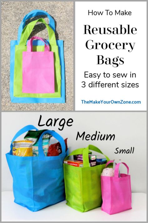 How to sew reusable grocery bags in 3 different sizes via @bevmyo Couture, Reusable Shopping Bags Diy Sewing Patterns, How To Sew A Grocery Bag, Make Shopping Bags, Making Reusable Shopping Bags, Cloth Grocery Bags Pattern, Diy Reusable Grocery Bags Easy Free Pattern, How To Make Shopping Bags Fabrics, Grocery Bag Sewing Pattern Free
