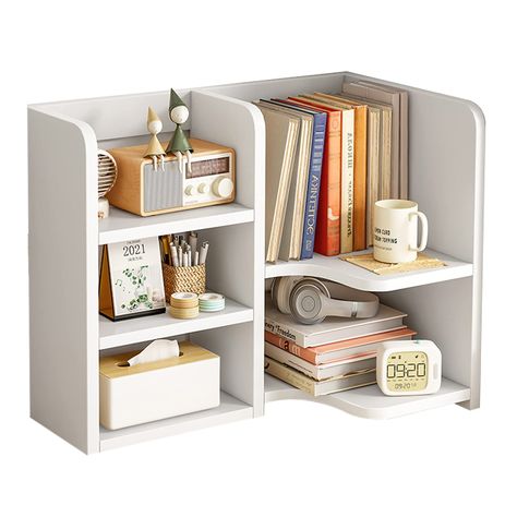 PRICES MAY VARY. High quality material：Made of high-quality wooden boards, it has strong bearing capacity and is not easy to bend and deform. It also adopts full edge sealing technology, so it is moisture-proof and easy to clean. Just wipe it with a wet towel when cleaning. Storage items：Make full use of the desktop space, this bookshelf can be divided into 5 areas, the left part can be used to place commonly used paper towels, calculators, markers and other items, and the right part can be used Desk Setup By Window, Organisation, Japanese Desk Accessories, Book Shelf On Desk, Floating Shelf Over Desk, Desk With Side Drawers, Ikea Desk With Bookshelves, College Desk Organization Aesthetic, Work Room Ideas Home