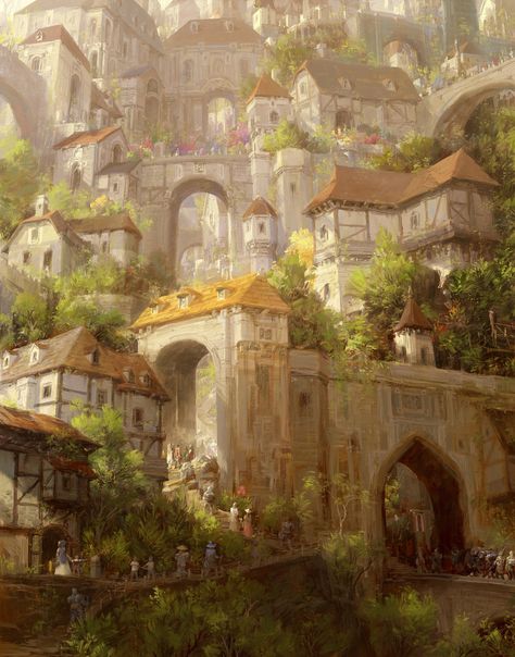 Fantasy Village, Fantasy Town, Arte Steampunk, Fantasy Background, Landscape Concept, Fantasy Castle, Fantasy City, Fantasy Places, Fantasy Setting