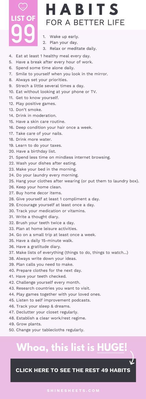 Hey, pretty! I’m always looking for ways to improve my life. Here is a list of 99 habits you can implement in your life to live better, feel better and become better. | ShineSheets.com | Personal development, habits, self improvement, growth mindset, life improvement, productivity, positivity, motivation, life audit, inspiration, self care Beginner Yoga, Coconut Health Benefits, Printable Checklist, Mental Training, Planning Your Day, Life Improvement, Self Care Activities, How To Wake Up Early, Good Habits